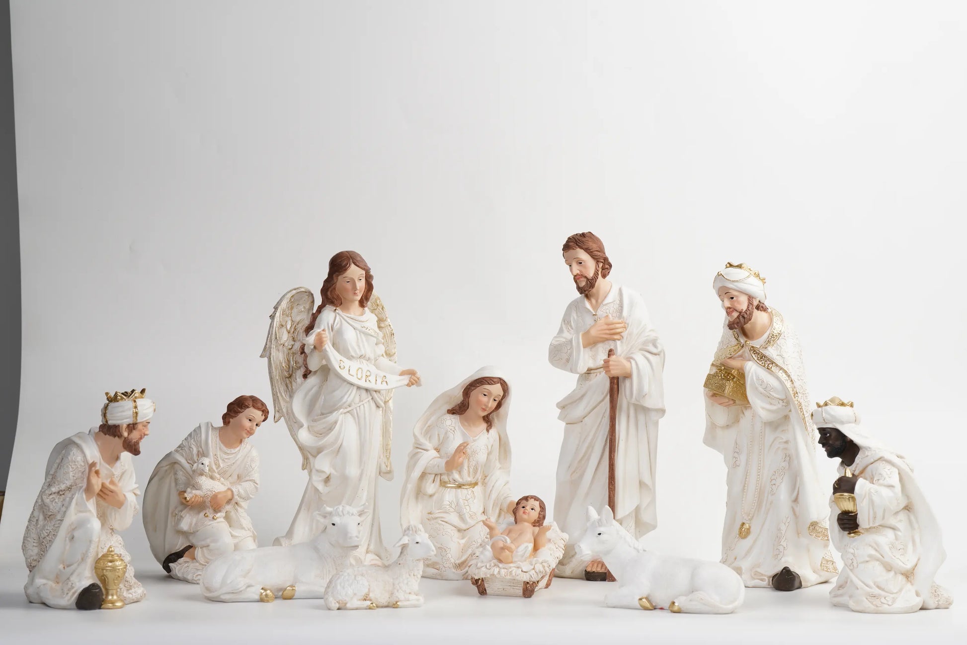  White and gold nativity set figurines with Holy Family, wise men, angel and animals, Christmas manger scene decor
