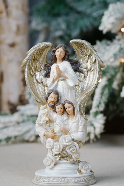 Holy Family Figurine with Guardian Angel – Hand-Painted Resin, 8.5″