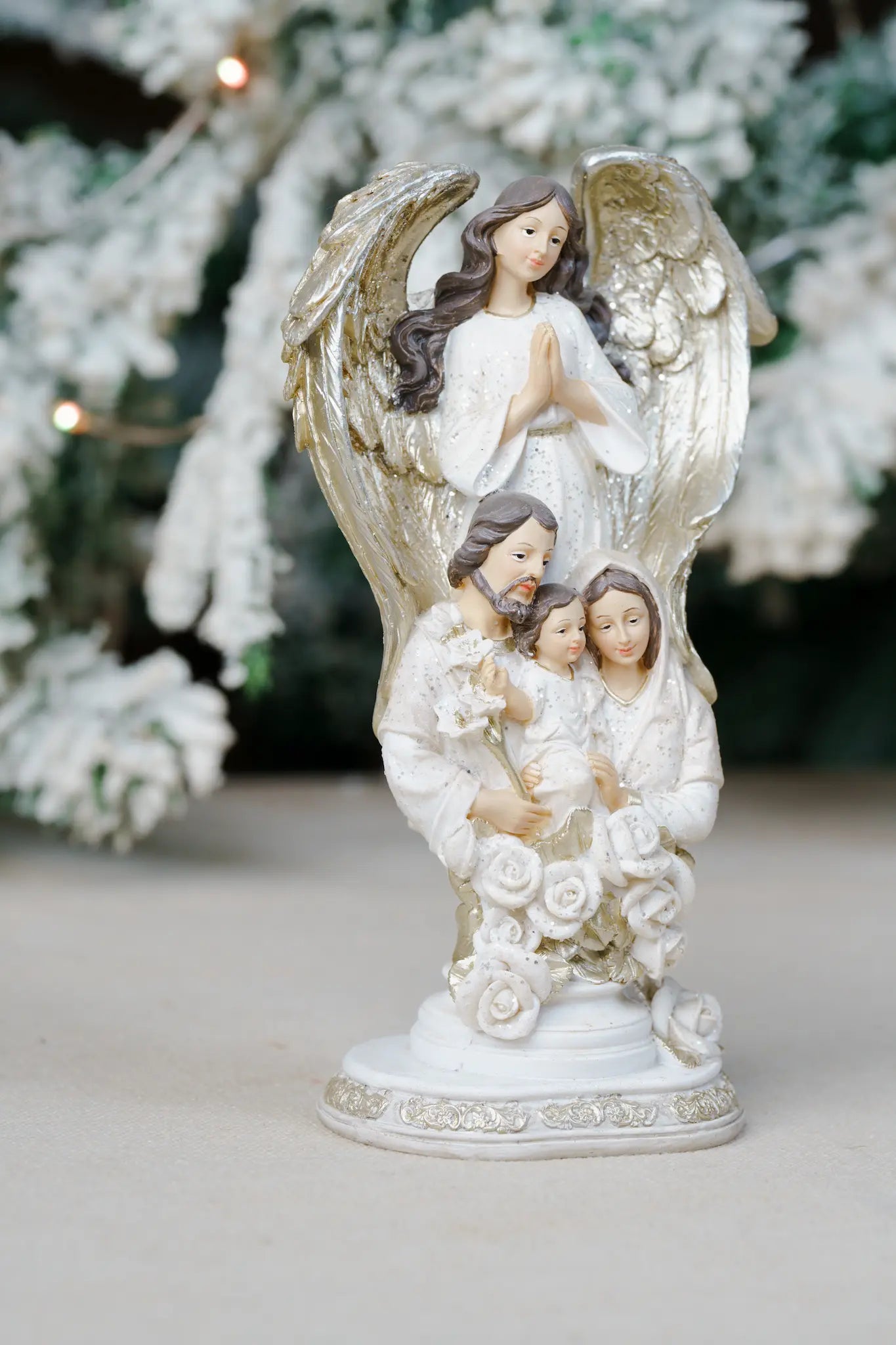 Holy Family Figurine with Guardian Angel – Hand-Painted Resin, 8.5″