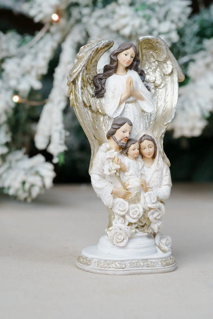 Holy Family Figurine with Guardian Angel – Hand-Painted Resin, 8.5″