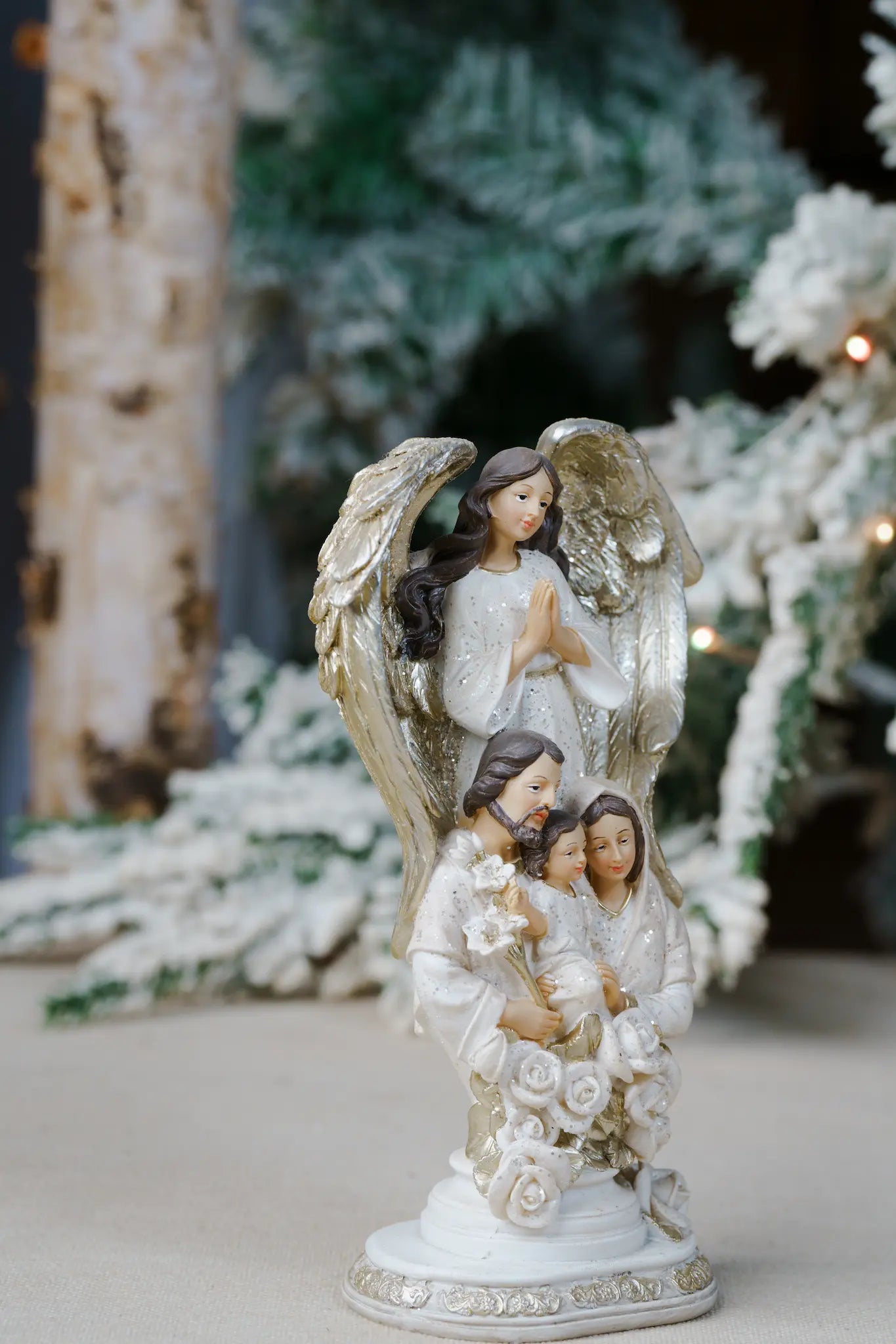 Holy Family Figurine with Guardian Angel – Hand-Painted Resin, 8.5″