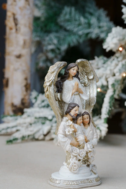 Holy Family Figurine with Guardian Angel – Hand-Painted Resin, 8.5″