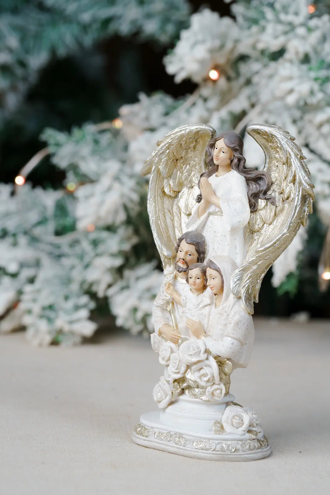 Holy Family Figurine with Guardian Angel – Hand-Painted Resin, 8.5″