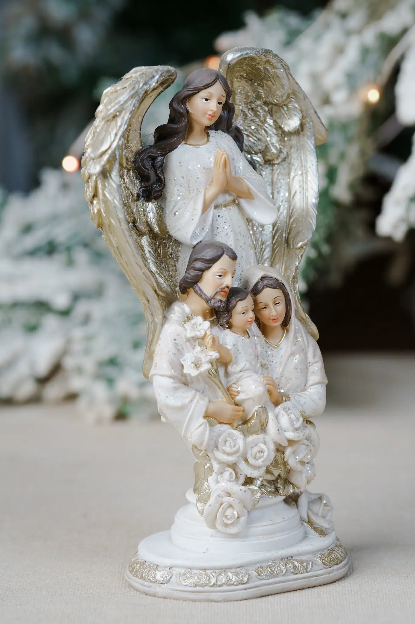 Holy Family Figurine with Guardian Angel – Hand-Painted Resin, 8.5″