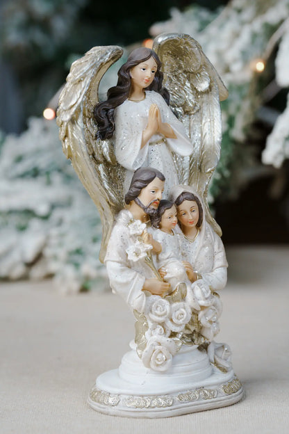 Holy Family Figurine with Guardian Angel – Hand-Painted Resin, 8.5″