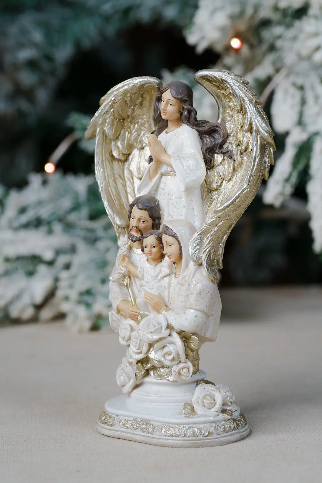 Holy Family Figurine with Guardian Angel – Hand-Painted Resin, 8.5″