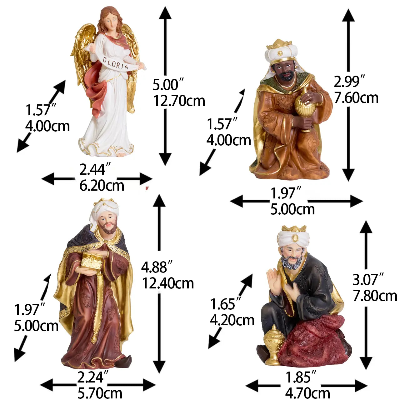 GLORIA angel and Magi figurines with dimensions, Three Wise Men nativity Christmas decor.