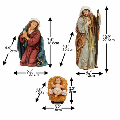 Mary, Joseph and Baby Jesus nativity figures with dimensions, painted manger scene figurines