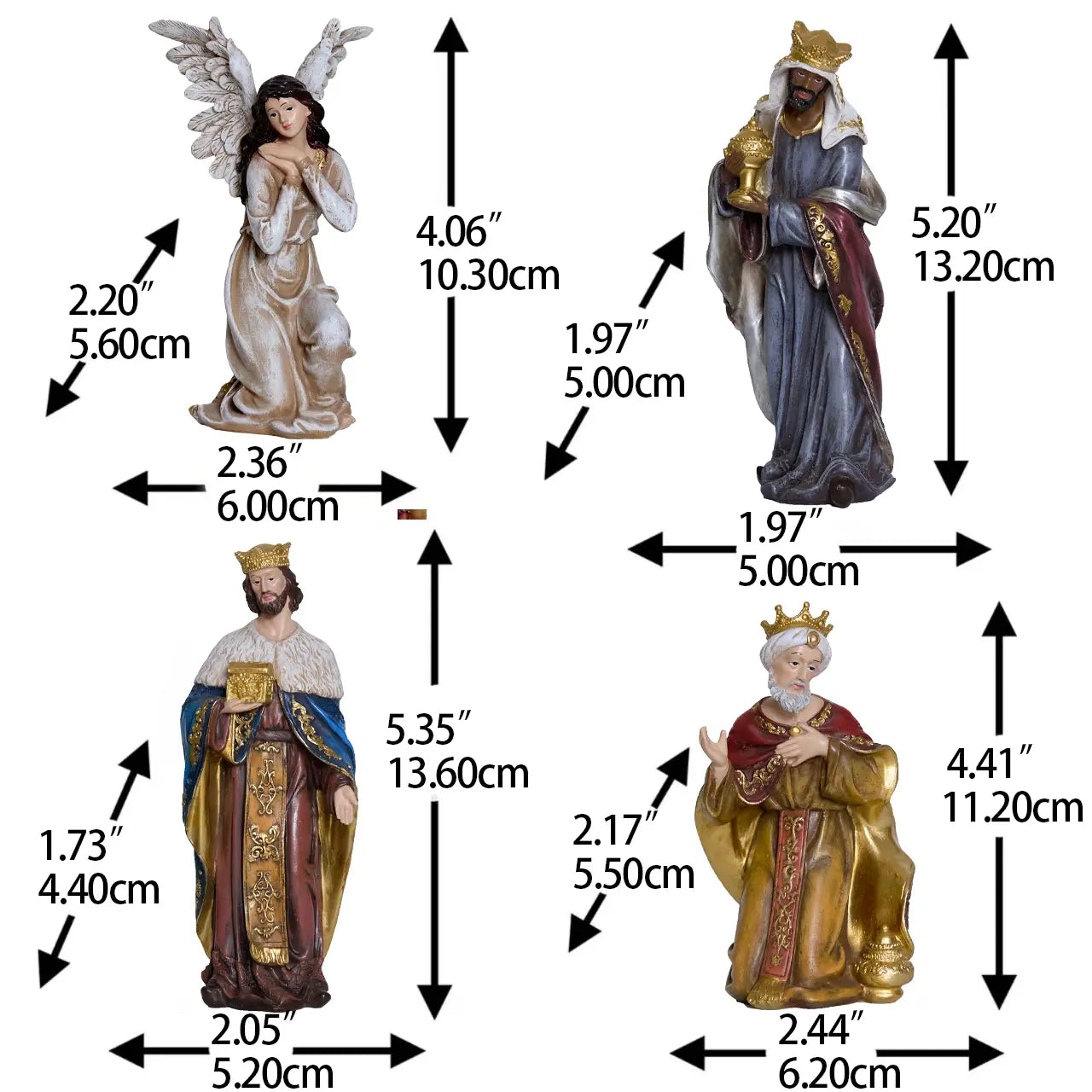 Nativity scene Three Kings and angel with measurements — hand-painted resin Magi figurines