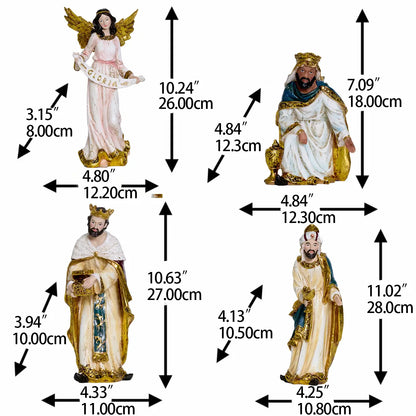 Gloria herald angel and three Wise Men nativity figurines with dimensions — hand-painted resin crèche pieces
