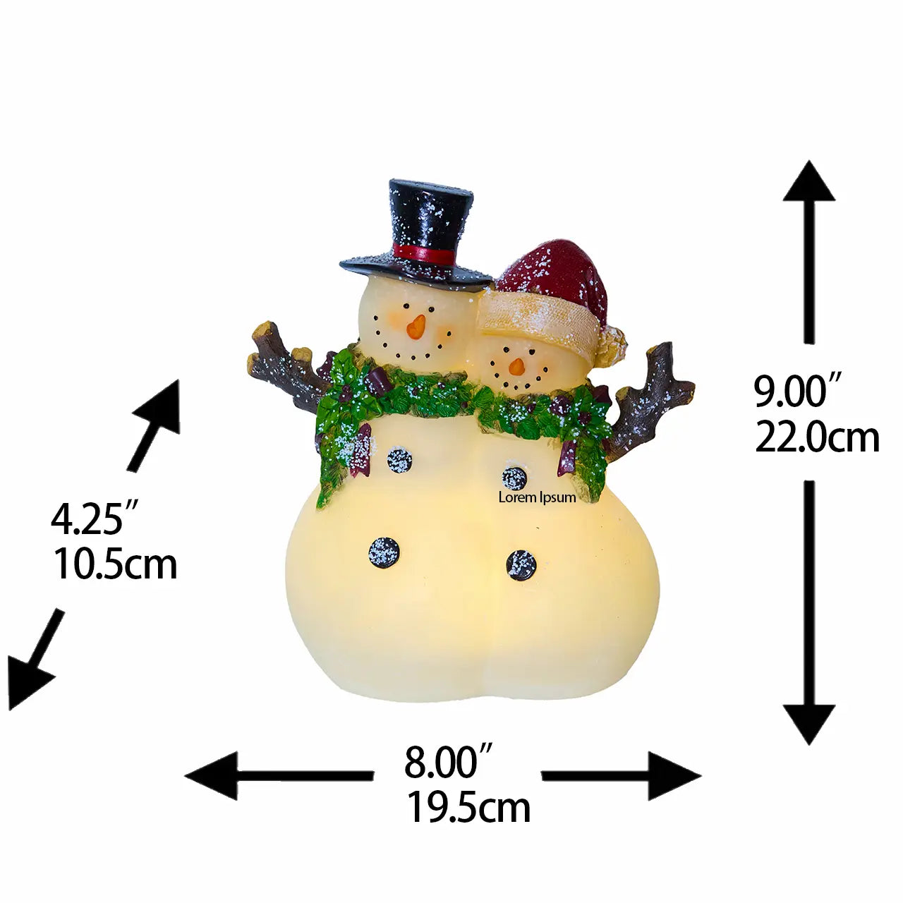 Snowman couple figurine with measurements — 9.00" H × 8.00" W × 4.25" D lighted translucent resin Christmas decoration