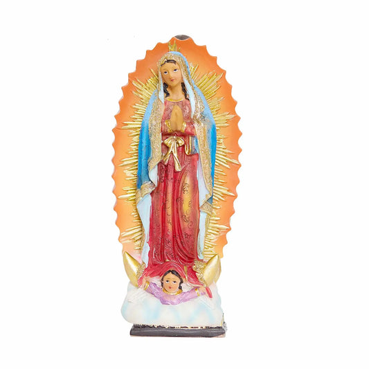 Virgen de Guadalupe statue showing rose gown, blue mantle, and golden sunburst