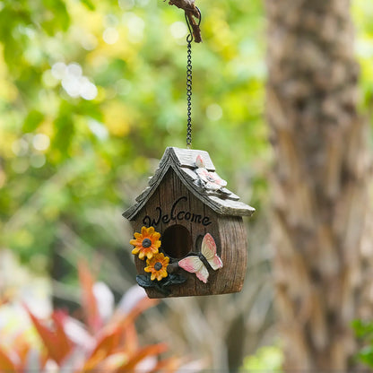 Welcome birdhouse with sunflower and butterfly hanging on chain