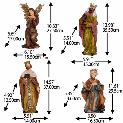 Kneeling angel with gold wings and three Wise Men nativity figurines with dimensions — hand-painted resin crèche pieces