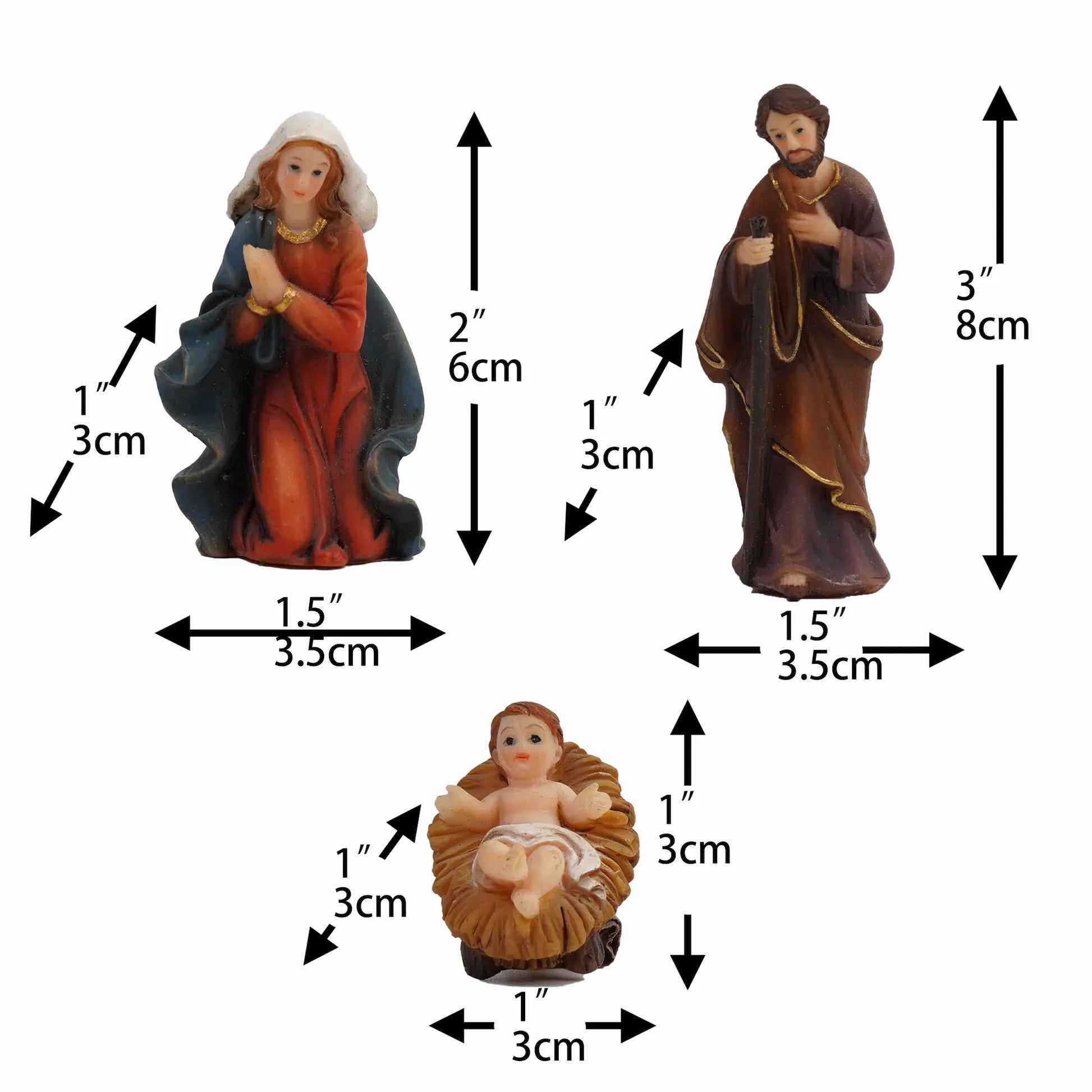 Holy Family figurines dimensions, Mary and Joseph with Baby Jesus mini nativity set.