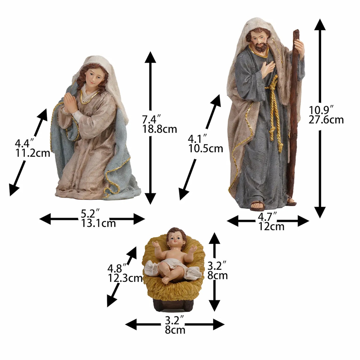 Holy Family nativity figurines — kneeling Mary, standing Joseph with hand on heart, and Baby Jesus in straw manger with measurements 