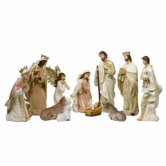 11-Piece Nativity Set with Praying Angel – Ivory & Gold Hand-Painted Resin, 5"–12"