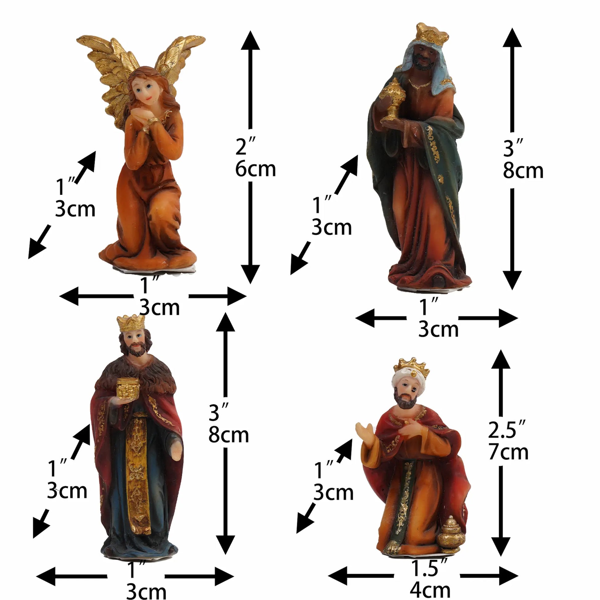Angel and Magi figurines dimensions, Three Kings nativity figures for tabletop Christmas decor.