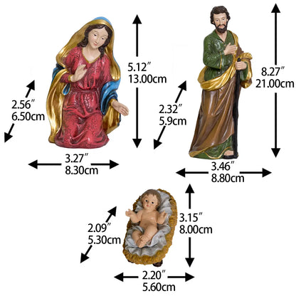 Holy Family nativity figurines with dimensions, Mary Joseph and Baby Jesus manger scene.