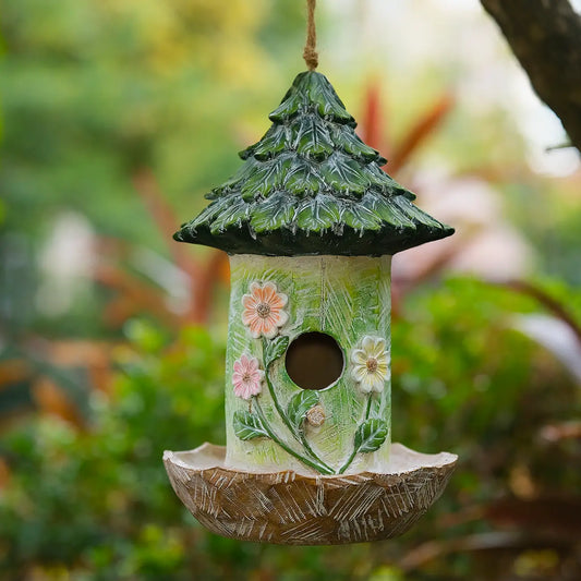 Pinecone Roof Birdhouse with Floral Design – Rustic Hanging Resin Bird House for Garden, Patio & Tree Decor