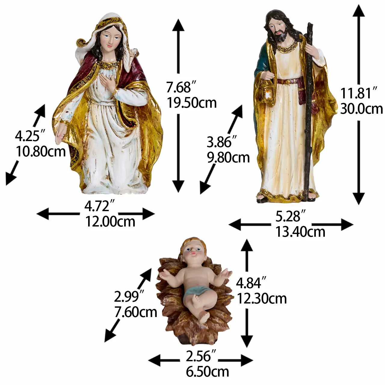 Holy Family nativity figurines — Virgin Mary, Joseph with staff and lantern, and Baby Jesus in manger with measurements