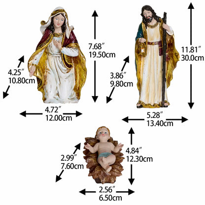 Holy Family nativity figurines — Virgin Mary, Joseph with staff and lantern, and Baby Jesus in manger with measurements