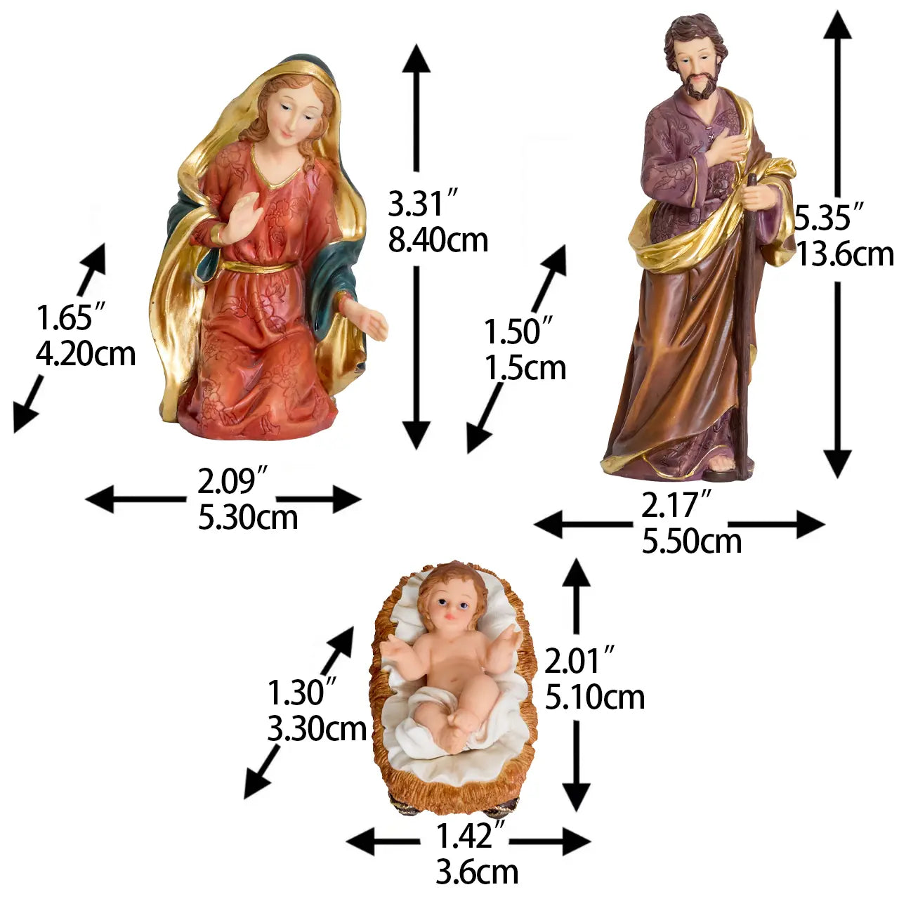 Holy Family nativity figurines with dimensions, Mary Joseph and Baby Jesus manger scene.