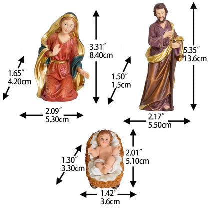 Holy Family nativity figurines with dimensions, Mary Joseph and Baby Jesus manger scene.