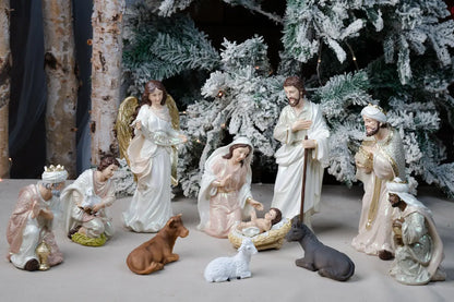pearlized blush pink ivory nativity set with gloria angel