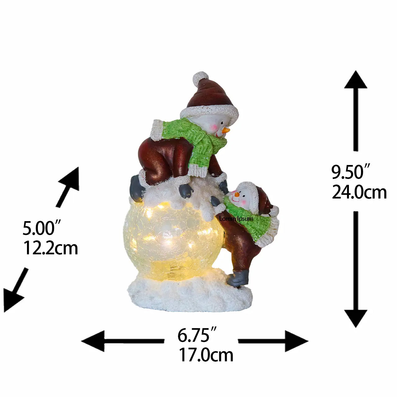Snowman figurine with measurements — 9.50" H × 6.75" W × 5.00" D lighted crackle-glass resin Christmas decoration