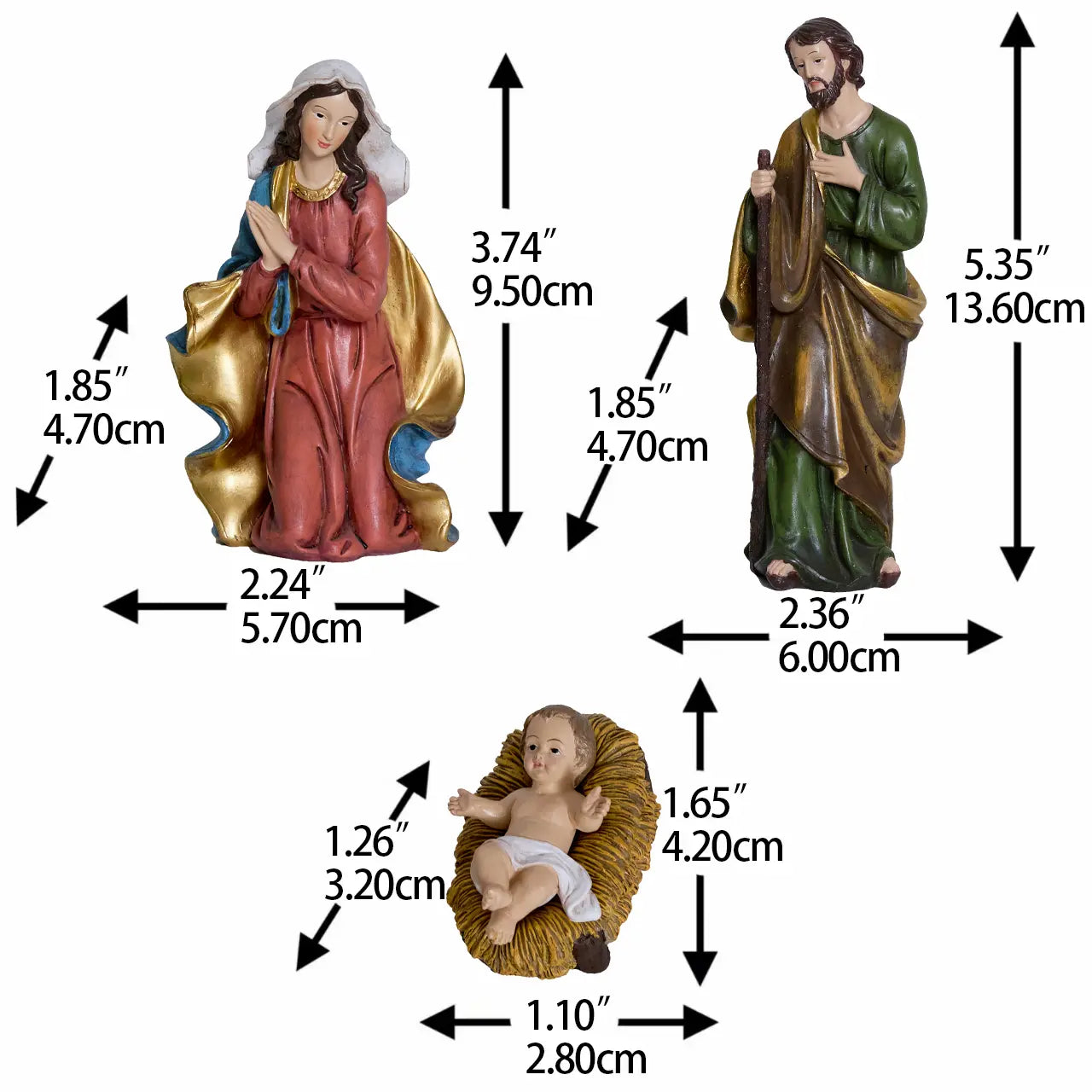 Nativity scene Holy Family with measurements — Mary, Joseph, and Baby Jesus in manger, hand-painted resin figurines