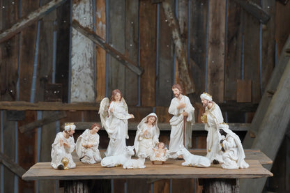 White and Gold Nativity Figurine Set - Holy Family, Wise Men, Angel and Animals - Christmas Manger Scene Decor