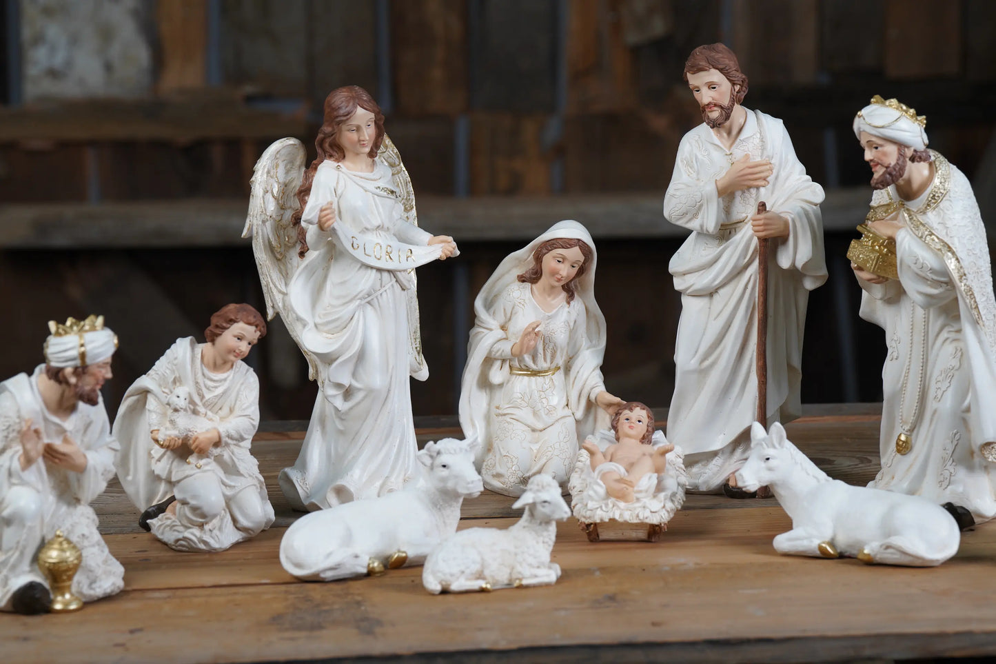 White and Gold Nativity Figurine Set - Holy Family, Wise Men, Angel and Animals - Christmas Manger Scene Decor