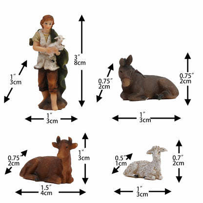 Shepherd and stable animal figurines dimensions, donkey cow and sheep nativity animals.