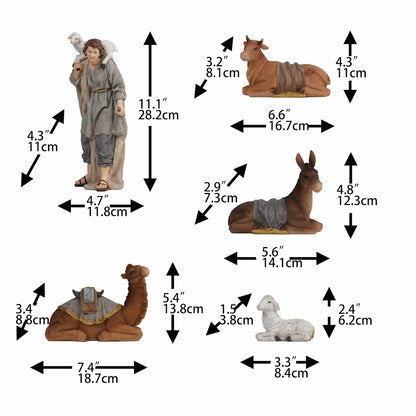 Nativity shepherd with lamb on shoulder, ox, donkey with fabric drape, resting camel with saddle blanket, and sheep with individual measurements