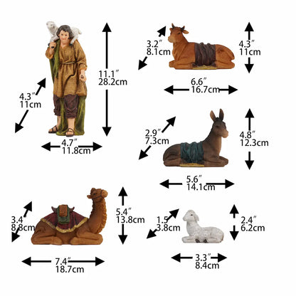 Nativity animals set with camel, donkey, cow and lamb with dimensions, stable animals figurines