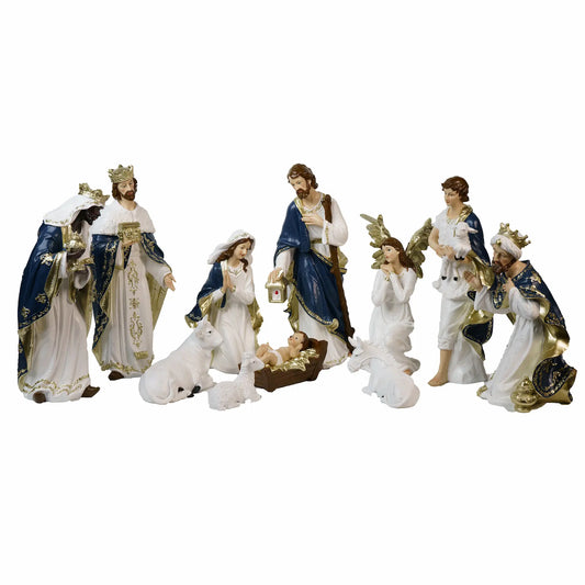 11-Piece Nativity Set with Kneeling Angel – Blue & White Hand-Painted Resin, 15"