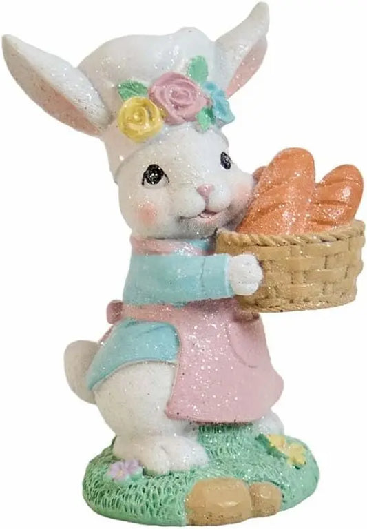 Hand-painted Easter bunny baker figurine with bread basket and floral chef hat
