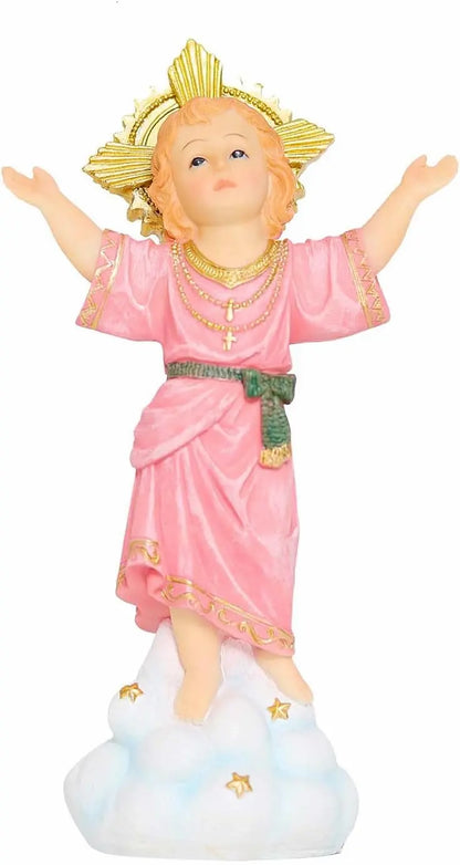  religious resin statue with gold sunburst halo and pink robe on cloud base