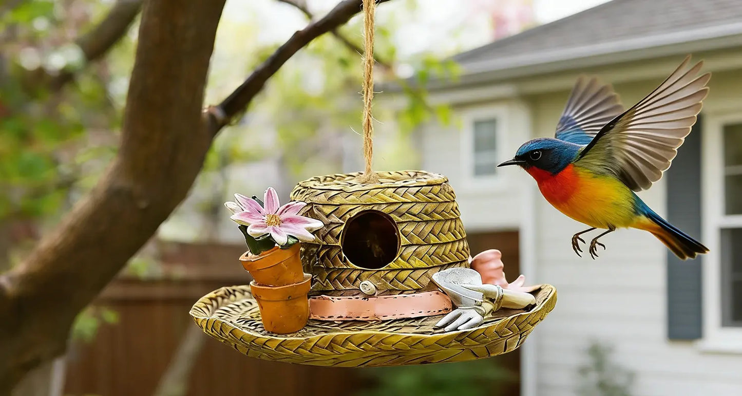 Garden hat birdhouse with colorful bird flying nearby and house in background