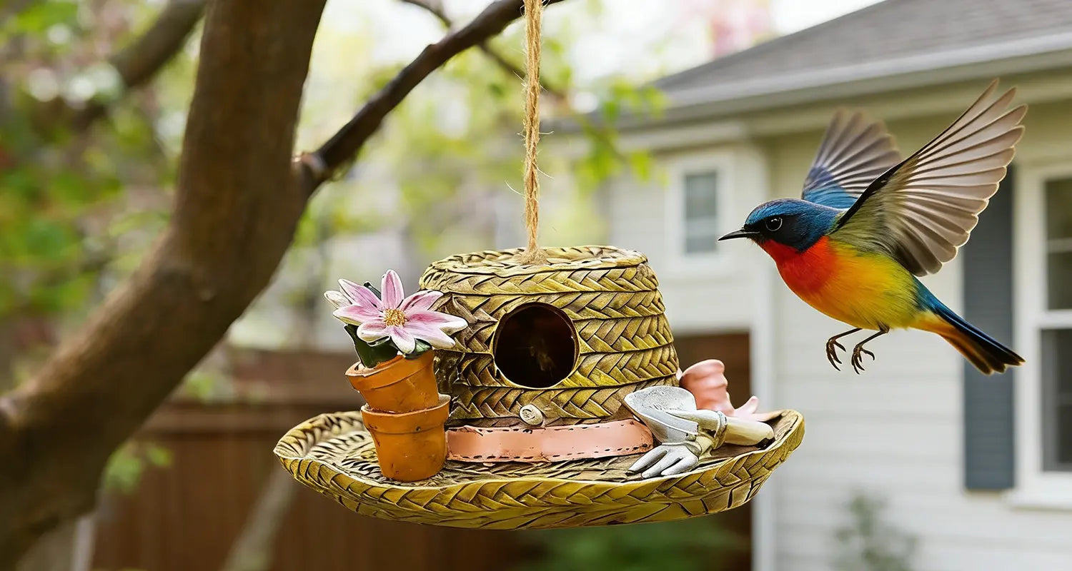 Garden hat birdhouse with colorful bird flying nearby and house in background