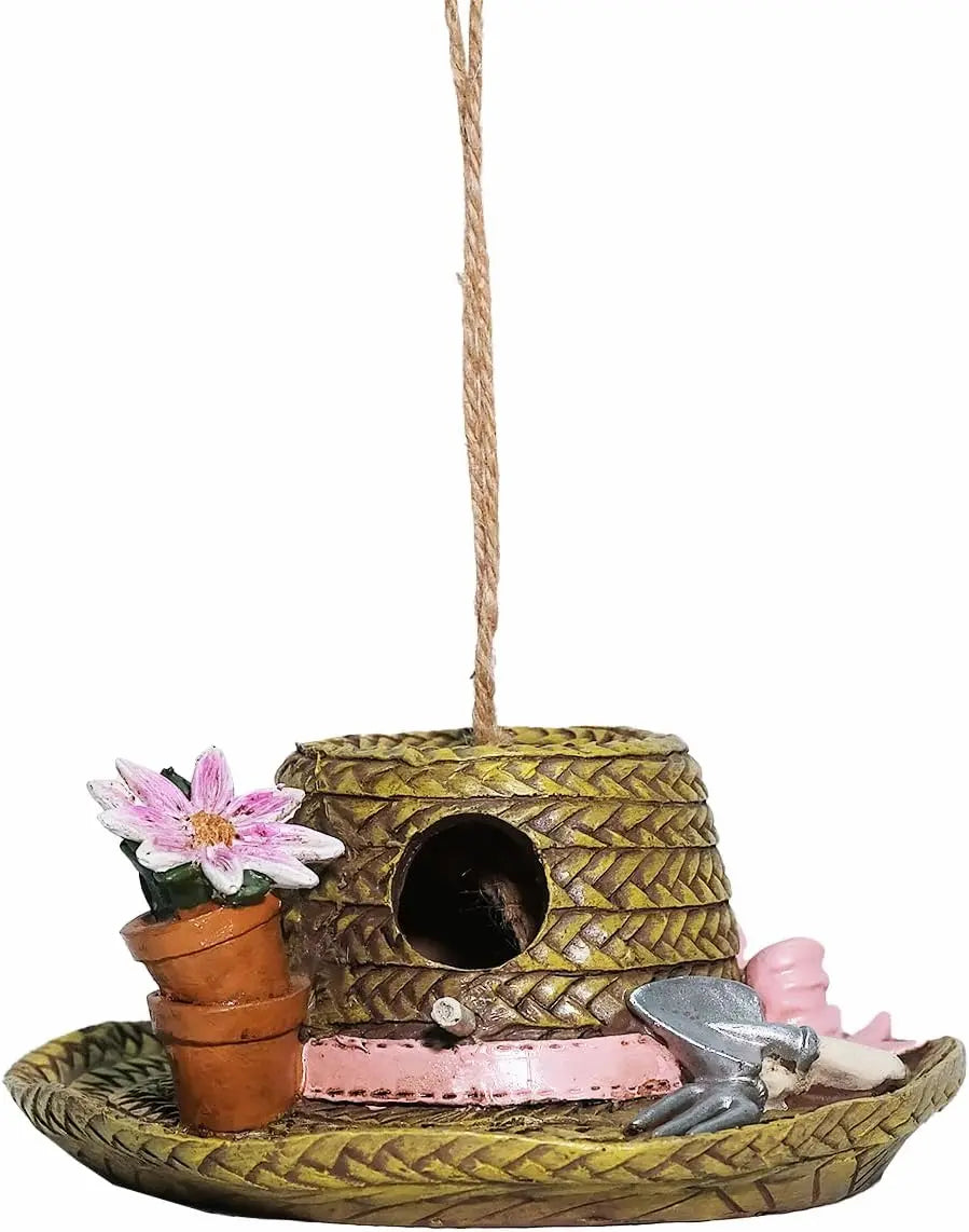 Hanging Garden hat birdhouse on white background 
