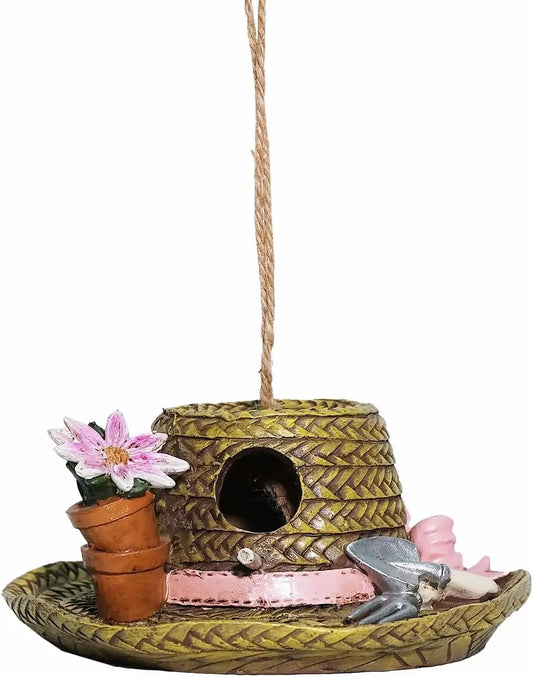 Garden Hat Birdhouse – Hand-Painted Resin Straw Hat Bird House with Flower Pots & Gardening Tools – Hanging Outdoor Garden Decor