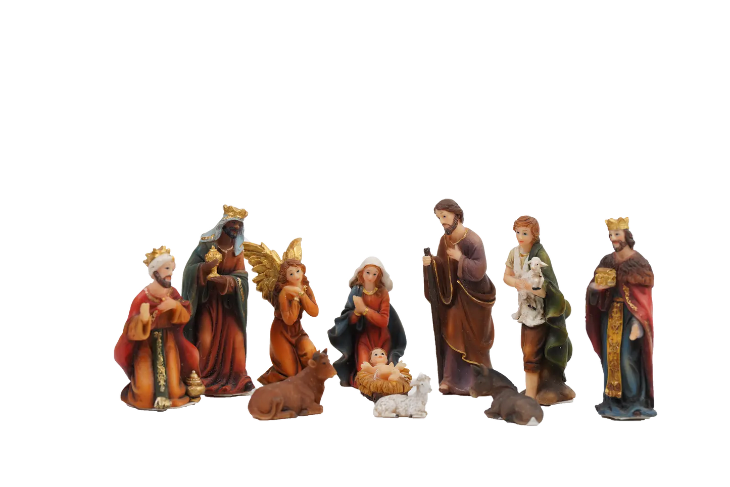 Full miniature nativity scene on white background, small creche figurines set.