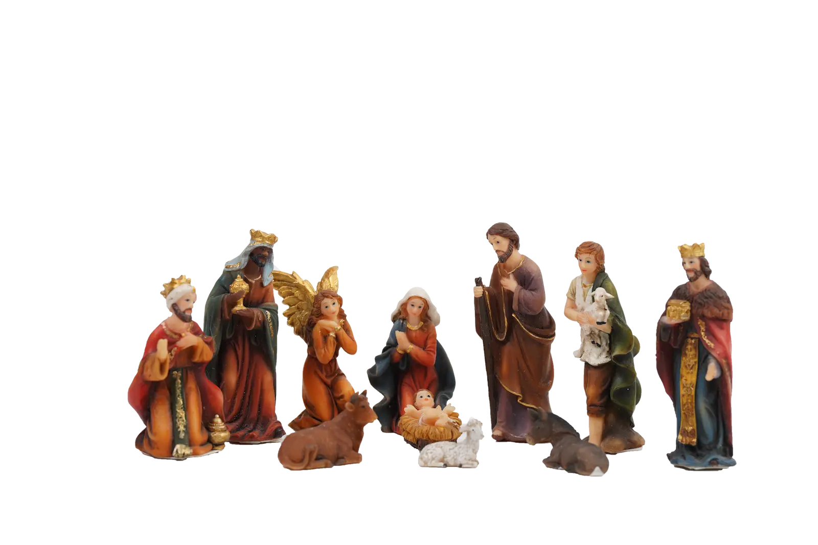 Full miniature nativity scene on white background, small creche figurines set.
