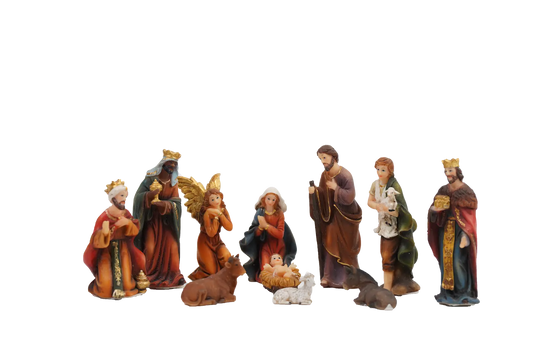 Full miniature nativity scene on white background, small creche figurines set.