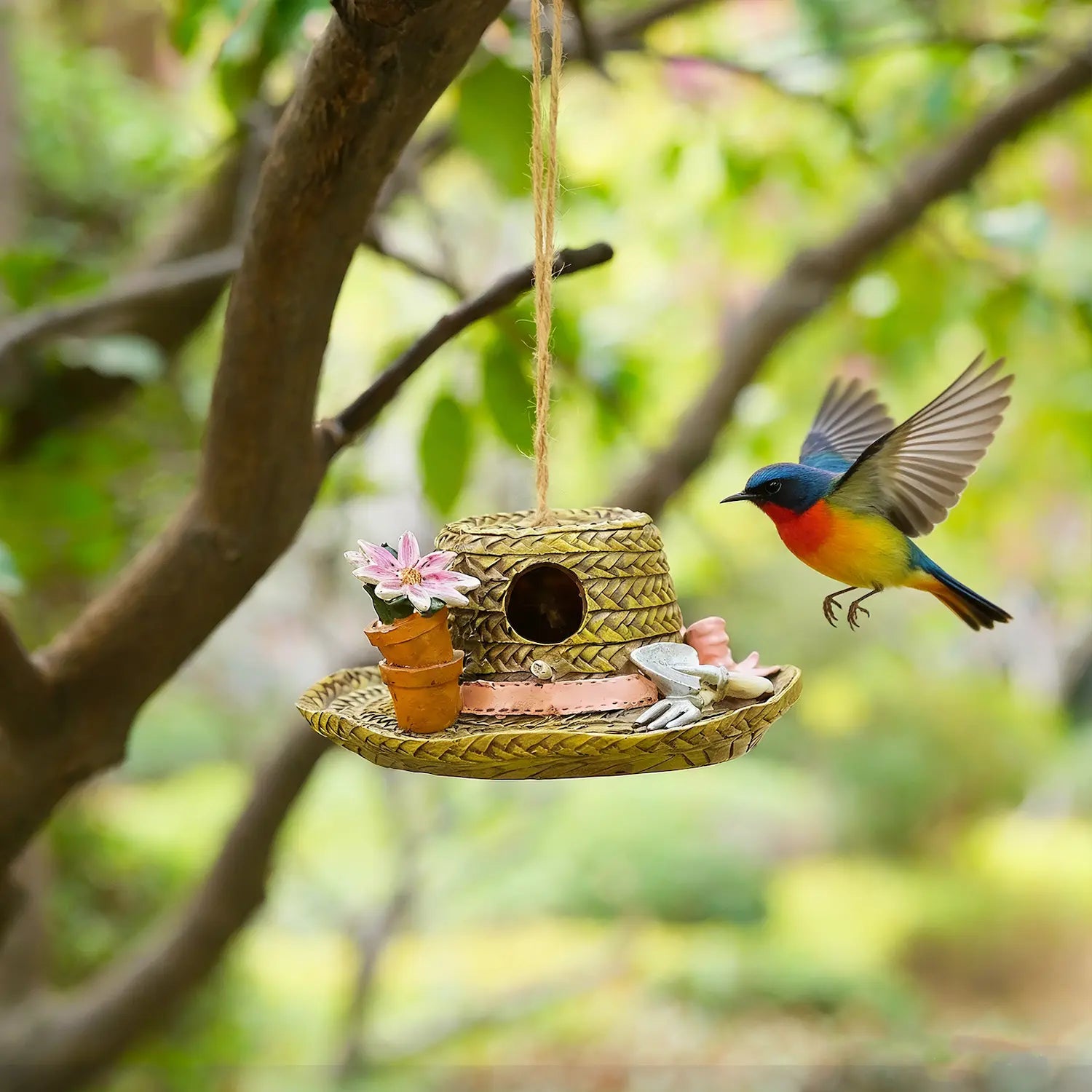 Straw hat birdhouse hanging from branch with bird approaching