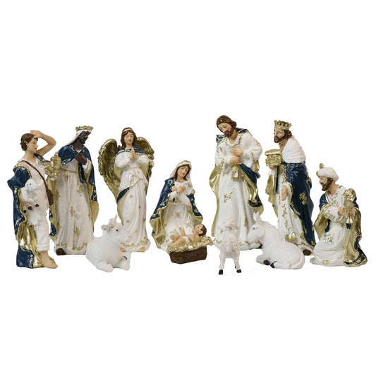 11-Piece Nativity Set with Lantern-Holding Joseph – Blue & White Hand-Painted Resin, 8"
