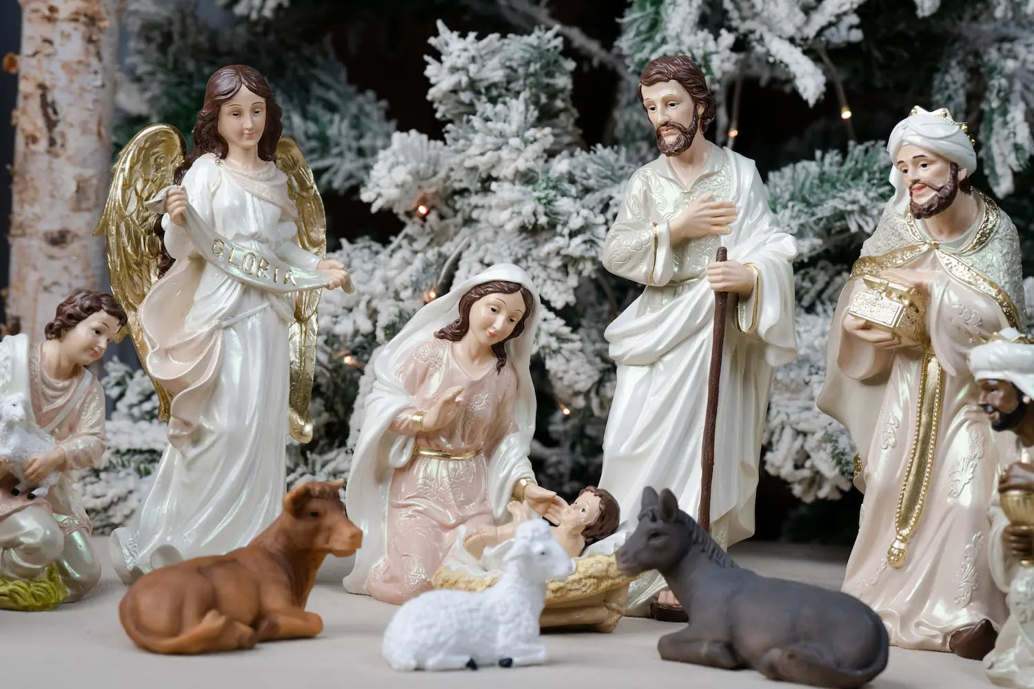 eleven piece blush pink ivory nativity set with gloria angel