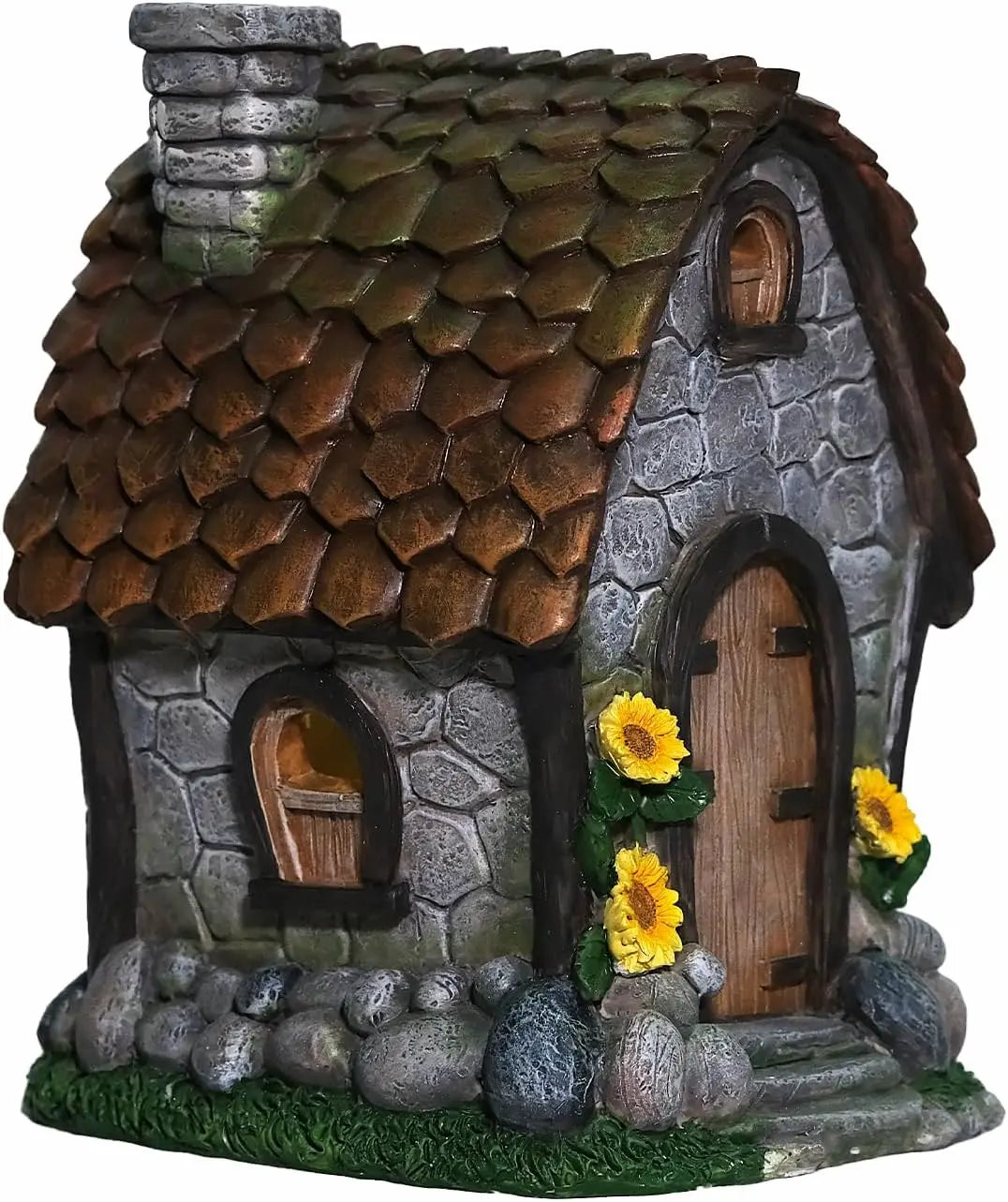 Hand-painted resin sunflower fairy house with stone walls and copper roof 